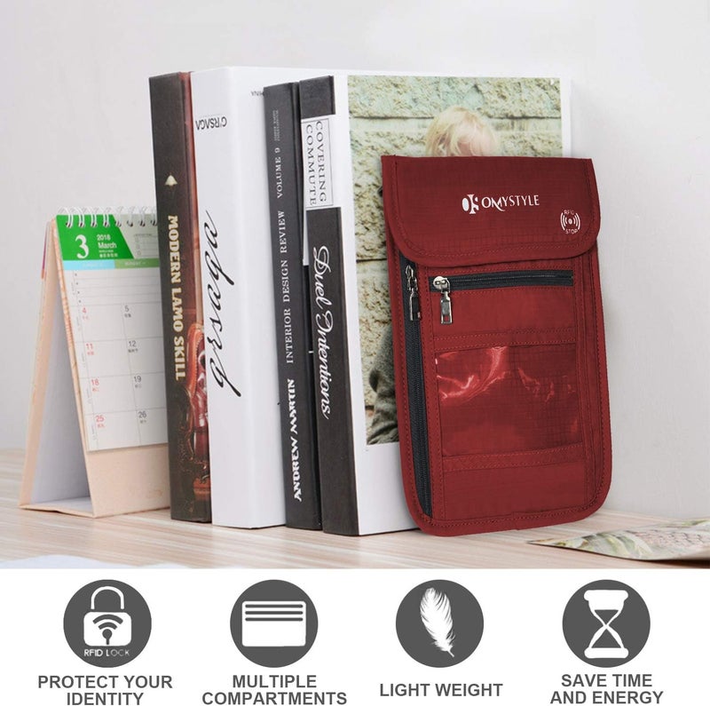 OMYSTYLE Neck Wallet, RFID Passport Holder for Travel, Adjustable Neck Strap, Waterproof Neck Pouch for Men & Women to Keep Cash, Credit Cards and Documents Safe, Red (8x6) - Image 2